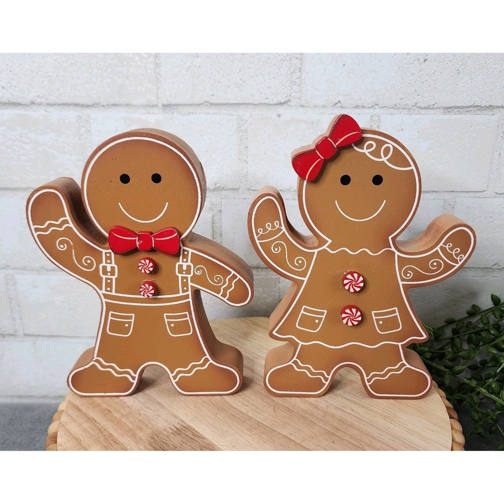 Gingerbread Girl & Boy Figures Bow Tie Christmas Candy Cane Wood 6.5" NEW‎